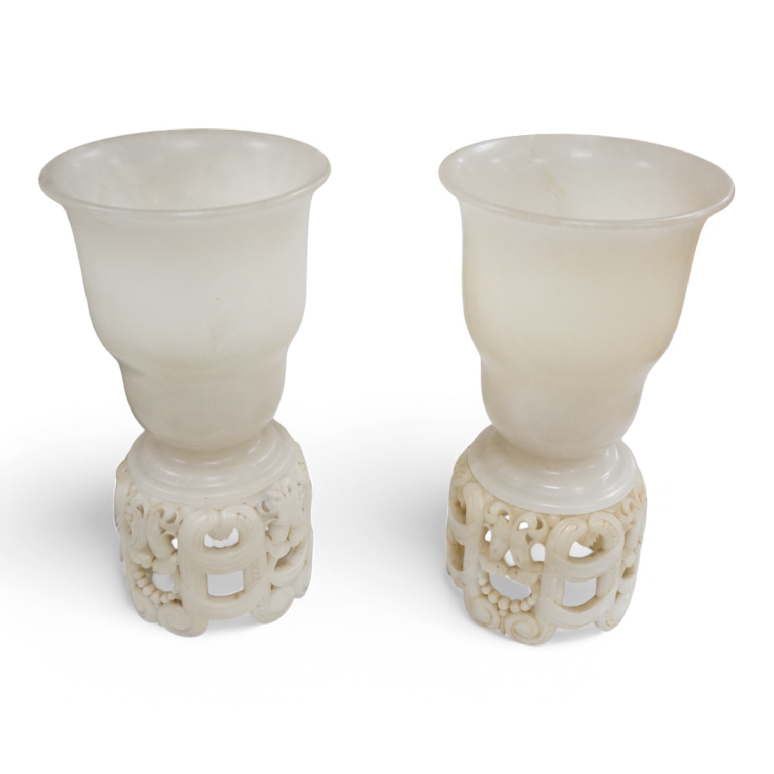 A pair of French Art Deco alabaster carved table lamps in a Chinese style, 42cm high. Condition - fair/good, untested